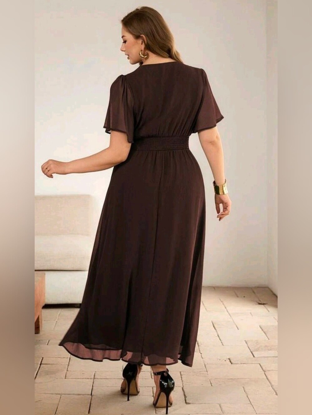 New Flowy Chiffon Flutter Sleeve Wrap Twist Long Dress PLUS Brown - Picture 6 of 9